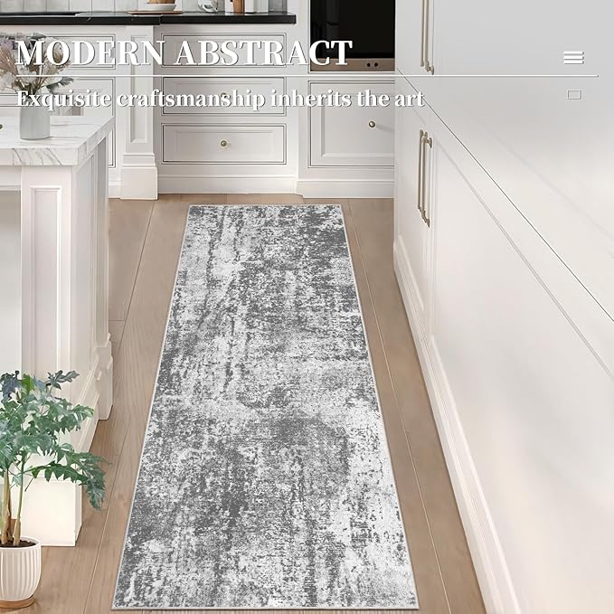 Ciicool 2x6 Washable Runner Rug, Modern Abstract Hallway Rugs Runner, Non-Slip Thin Accent Rug Lightweight Grey White Print Distressed Carpet for Laundry Entryway Bedroom Kitchen Bathroom Indoor
