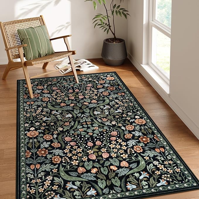 Moynesa Floral Area Rugs 4x6, Boho Washable Living Room Rugs, Non Slip Soft Rugs for Bedroom, Botanical Ultra Thin Entryway Throw Carpet for Kitchen Dorm Bathroom, Black