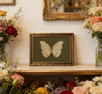 Vintage Gold Framed Wall Art Retro White Butterfly Canvas Print Dark Green Olive Insect Painting Picture Rustic Farmhouse Moth Cottagecore Poster Artwork for Living Room Bedroom