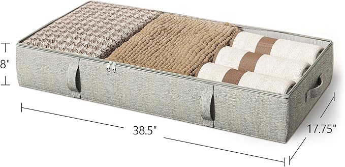 2-Pack Under Bed Storage Containers, 8 Inches Tall Underbed Clothes Storage Organizer Bin with Sturdy Sidewalls/Bottom, Under the Bed Storage Bags 2 Storage Bins, Light Grey