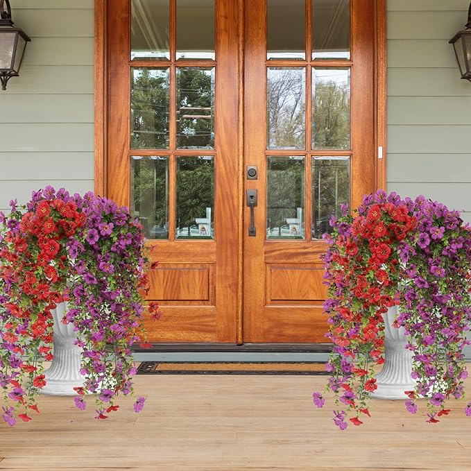 Artificial Hanging Flowers for Outdoors, 6 Pcs Fake Plant for Spring Summer Decoration, UV Resistant Realistic Silk Faux Flowers Outside Indoor Planter Porch Patio Balcony Yard Decor