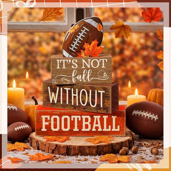 Yuntau 4 Pcs Football Fall Table Decorations Football Tiered Tray Decor Rustic Autumn Wooden Blocks Sign It's Not Fall Without Centerpiece Decorative Faux Book Sign for Room Coffee Table Mantel Shelf