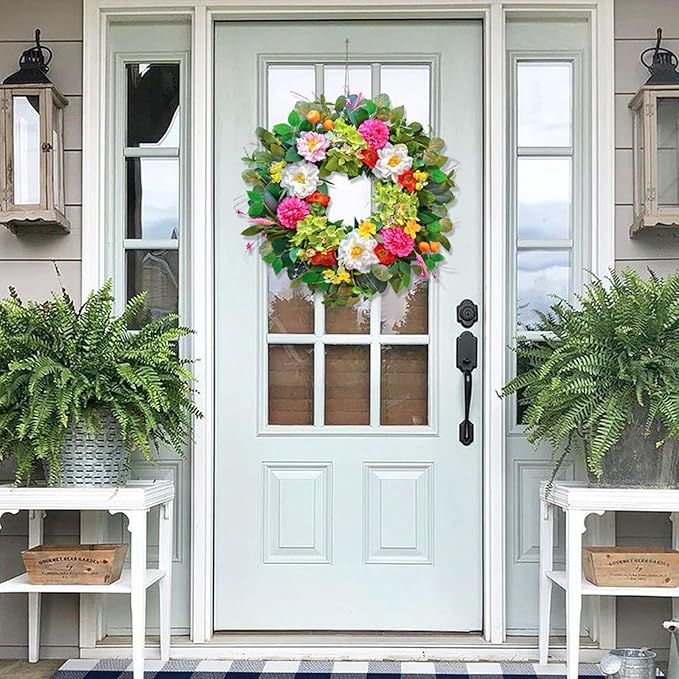 Pinkpuii 24 Inch Spring Wreaths for Front Door- Outdoor Spring Summer Flower Wreath with Vibrant Peony Hydrangea Flower, Green Eucalyptus Leaves and Orange Berry- Ideal for Porch,Mantel,Home Wall