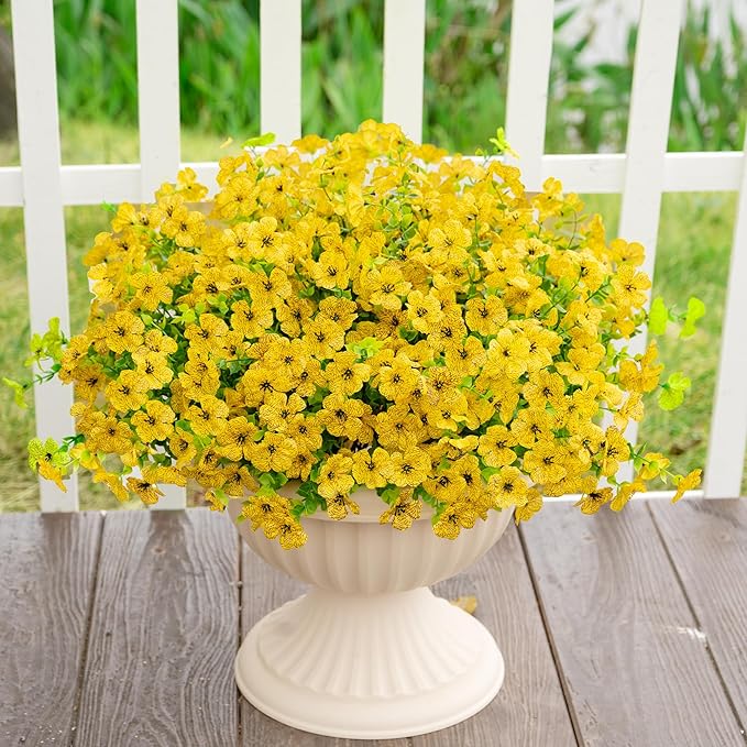 Artificial Fake Flowers Plants for Outdoors Outside Fall Autumn Decorations,Faux Mums Flowers Plants Silk Daisy Greenery Realistic UV Resistant Planter Front Porch Patio Garden Home 16 Bundles（Yellow）