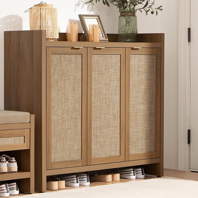 SICOTAS Shoe Storage Cabinet, 30 Pairs Rattan Shoe Cabinet Storage for Entryway, 6-Tier 41" Tall Large Shoe Cabinet, Boho Farmhouse Cabinet with Doors for Entryway Hallway Living Room Closet