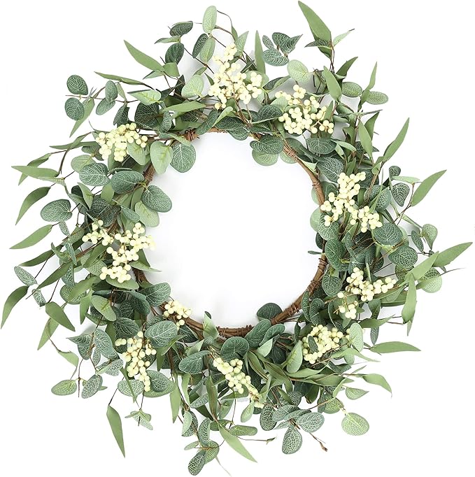 Pinkpum 20'' Eucalyptus Wreath for Front Door, Porch, Window - Green Decor for Home, Farmhouse - Spring, Summer, Fall, All Seasons Fluffy Version