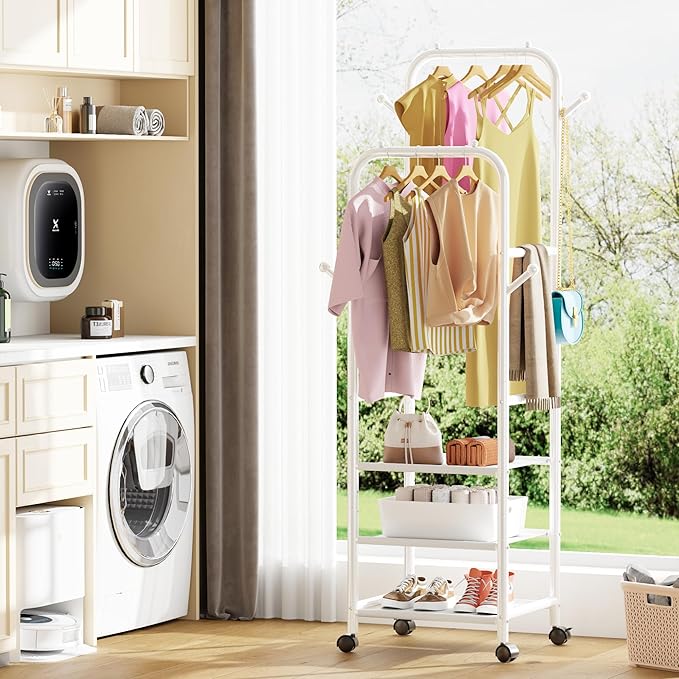 Furologee Portable Clothes Rack for Hanging Clothes, Rolling Clothing Rack With 3-Tier Shelves, Small Garment Rack with Wheels for Bedroom Living Room Laundry Room, White