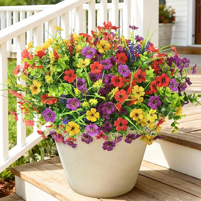 Artificial Flowers for Outdoors, 14 Bundles Multicolor Fake Flowers with Greenery Grass Lavendar for Spring Summer Decoration, UV Resistant Fake Plants for Planter Porch Patio Yard Home Decor