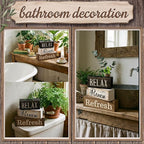 Lineshading 4 Pcs Bathroom Shelf Decor Sign Farmhouse Bathroom Decor and Accessories Rustic Eucalyptus Leave Wood Block Sign Gift Relax Renew Refresh Farmhouse Table Centerpiece for Home Office Toilet