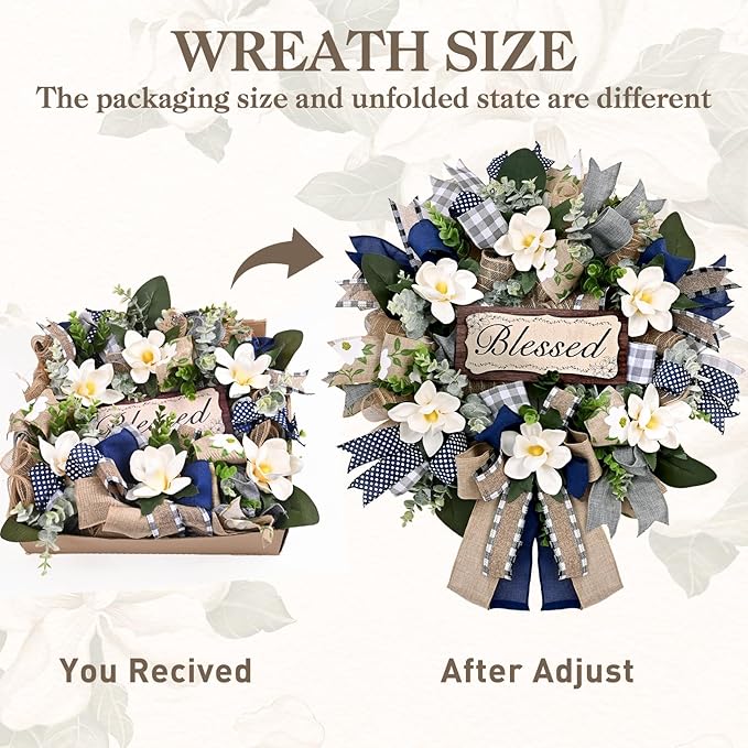 Waipfaru Spring Summer Wreaths for Front Door, 22 Inch Magnolia Wreath with Eucalyptus & Blue Grey Burlap Bow, Front Door Wreath for Farmhouse Porch Outdoor Decor Outside All Season (1 Pcs)