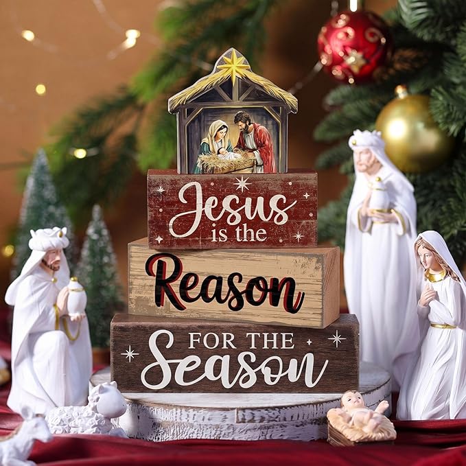 Moucuny 4 Pcs Christmas Table Decoration Christian Wooden Stacked Block, Jesus is the Reason for the Season Signs with Nativity Scene, Rustic Religious Christmas Tiered Tray Decor for Home Church