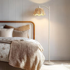Oneach Farmhouse Floor Lamps for Living Room, Boho Floor Lamp for Bedroom with Foot Switch, Rattan Floor Lamp for Reading with Hand-Woven Shade, Antique White Metal Base & Pole