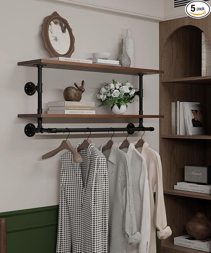 Clothes Rack 42in, Wall Mounted Garment Rack with Real Walnut Wood Shelf, Heavy Duty Hanging Clothes Rack, Multi-Purpose Hanging Rod, Space-Saving Closet Storage