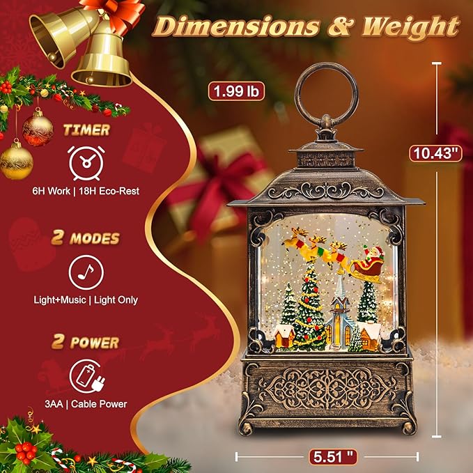 Santa Christmas Snow Globe with Flying Reindeer - Lighted Church Musical Snow Globes Lantern with Swirling Glitter, 8 Classic Songs, 6-Hour Timer, Xmas Gift for Adults and Holiday Decoration