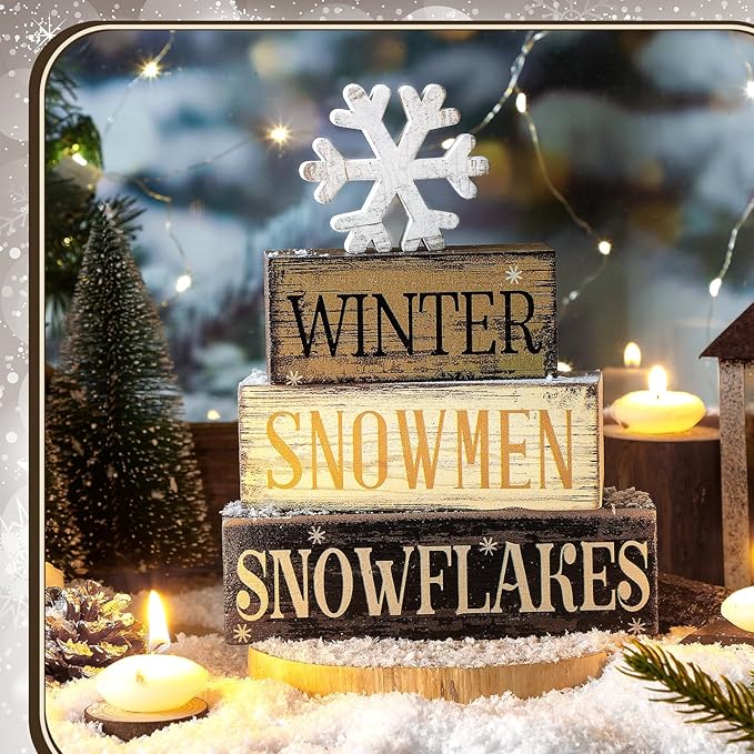 Moucuny 4 Pcs Winter Table Decorations Wooden Snowflake Decor Christmas Tiered Tray Decor Rustic Snow Block Signs Gift Farmhouse Christmas Centerpiece for Winter Wonderland Party Kitchen Shelf Home