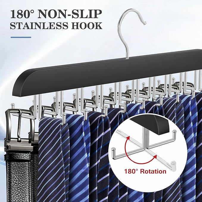 Tie Rack Hanger for Closet 20 Foldable Hooks, 2 Pack Wooden Non Slip Large Capacity Space Saving Tie and Belt Organizer with 360°Rotating Hooks for Tank Tops Bras Scarves Hat