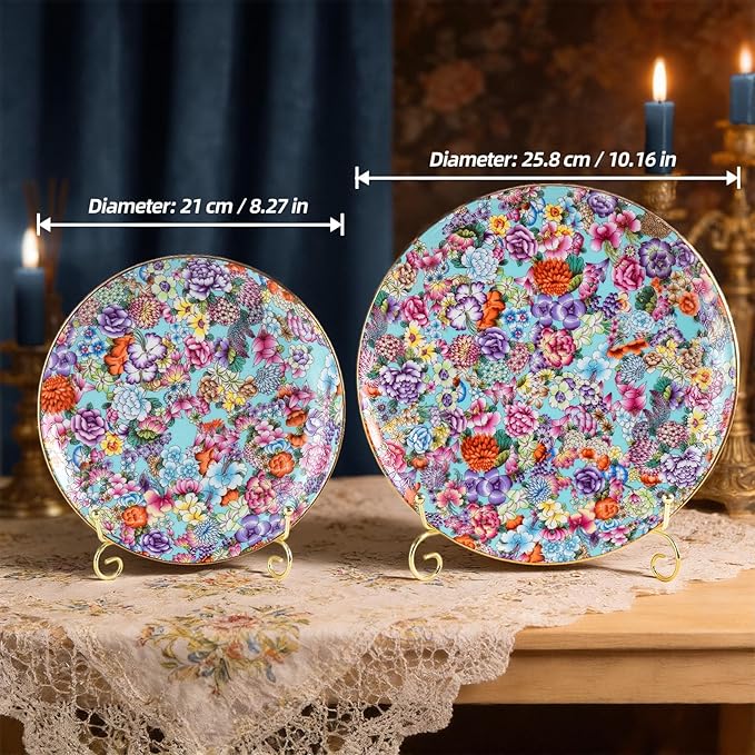 Decorative Plates Set for Display, Lake Blue Ceramic Plate Decor with Stand，Handmade Vintage Flower Porcelain Ornament for Living Room, Kitchen, Office, Perfect Chinese Style Dish Gift (8in+10in)