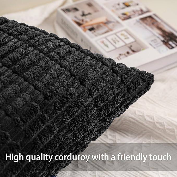 Aegero Pack of 2 Corduroy Decorative Throw Pillow Covers 26x26 InchSoft Striped Pillow Covers Modern Farmhouse Home Decor for Sofa Living Room Couch Bed（Black）