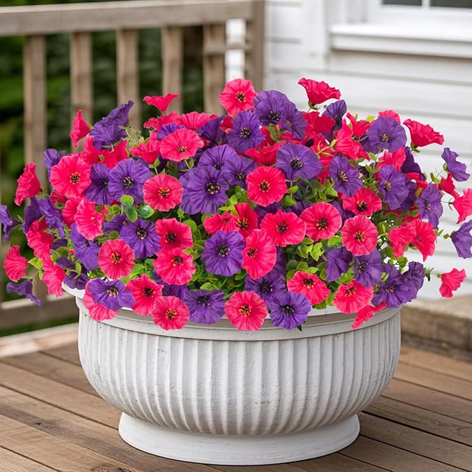 12 Bundles Morning Glory Artificial Flowers for Outdoor Decoration UV Resistant Fake Plastic Plants Artificial Greenery for Indoor Outdoor Garden Patio Window Box Home Decor