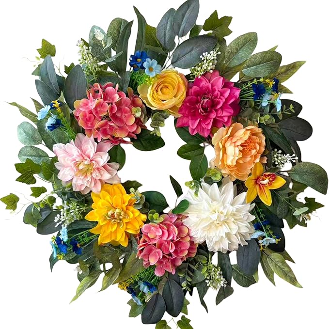 24 Inch Spring Wreaths for Front Door,Spring Wreaths,Spring Summer Door Wreaths with Yellow and Pink Dahlia Hydrangea Peony Flower Wreath for Outside Indoor Outdoor Home Porch Wall Decor