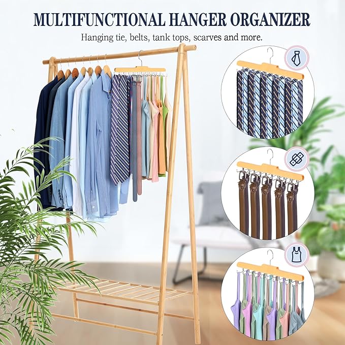 2PC Tie Rack Hanger for Closet Fitnice Upgraded Non Slip Tie Holder Organizer Space Saving with 20 Foldable Hooks Wooden Belt Hanger for Tank Tops Bras Cami Scarves
