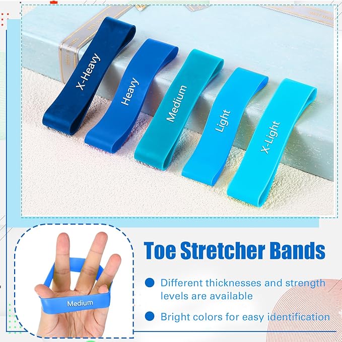 Set of 5 Toe Stretcher Band Separator Spacer Bunion Correction Hallux Valgus Alignment Foot Stretcher Straightener Resistance Loop Yoga Exercise Foot Care with Carry Bag(Blue)