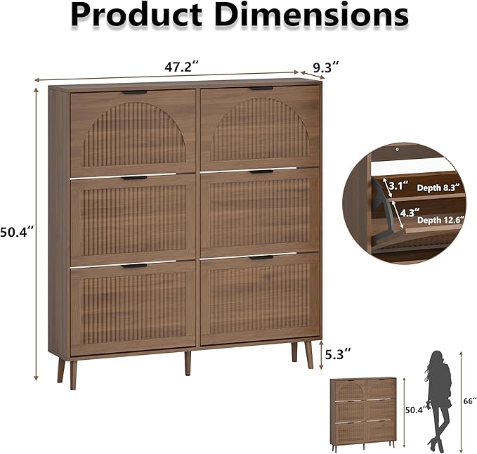 Shoe Cabinet for Entryway with 6 Flip Drawers, Slim Wooden Shoe Storage Organizer with Modern Fluted Pannel，Freestanding Narrow Hidden Shoe Rack for Hallway, Foyer, Living Room