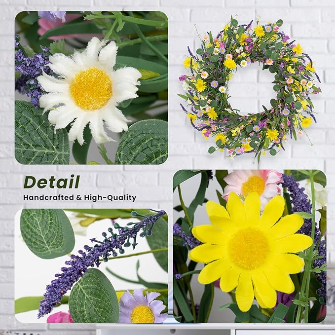 LLZLL Spring Decorations for Home 22" Spring Wreath Artificial Summer Wreaths with Eucalyptus Leaf Lavender and Daisy for Easter Indoor Outdoor Home Festival Celebrations