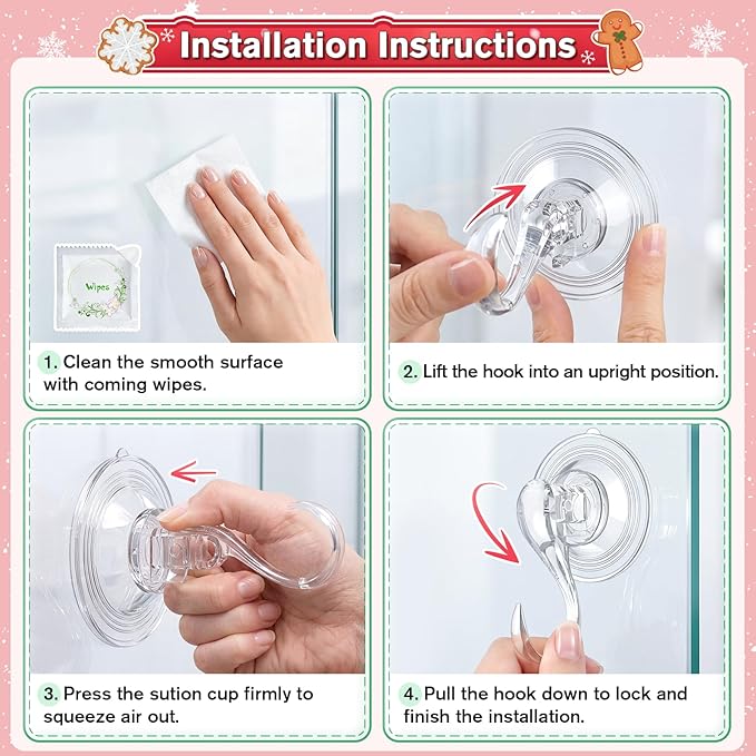 VIS'V Wreath Hanger, Large Suction Cup Wreath Hooks with Wipes, Heavy Duty, 22 LB Capacity, Removable and Reusable, Clear, 8 Pcs