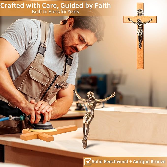ACHIBANG 10 Inch Wooden Catholic Crucifix Wall Cross with Jesus & Saint Benedict Medal, Natural Wood Religious Decor for Home Prayer Room, Baptism Confirmation Catholic Gifts