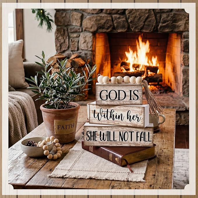 Lineshading 4 Pcs Christian Table Decor Rustic Wooden Block Sign Set with God Is Within Her She Will Not Fall Farmhouse Stacked Decor with Beaded Garland Tassel Christian Home Decors for Office, Shelf