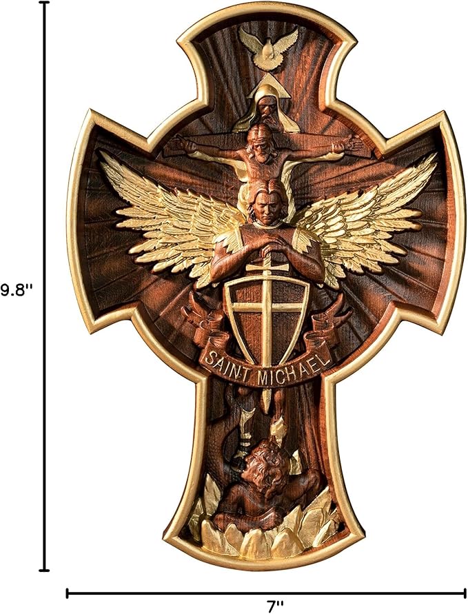 BGCOPPER Saint Michael Cross Wall Decor, Wooden Holy Trinity Crucifix Wall Cross, Jesus Cross for Wall Hanging Christmas Gift (10 Inch)