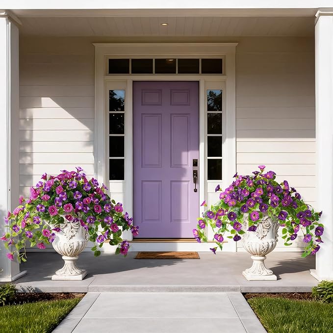 Homsunny Artificial Hanging Fake Flowers with Basket Plants for Outdoor Spring and Summer Decoration, Faux Silk Flower UV Resistant Morning Glory for Home Porch Patio Garden Balcony Yard Look Real
