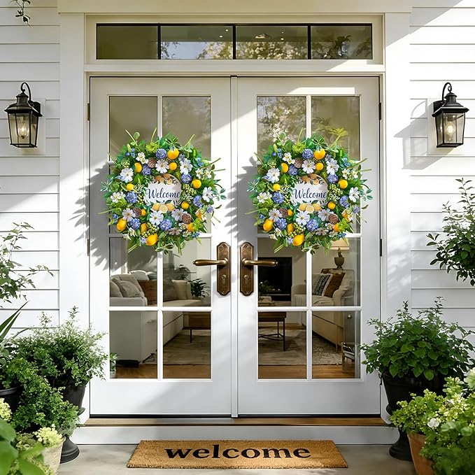 Spring Summer Wreaths for Front Door 24 Inch,Summer Wreath with Artificial Lemon,Daisy,Hydrangea & Lotus Pods,Door Wreath for Indoor Outdoor Farmhouse Home Decor