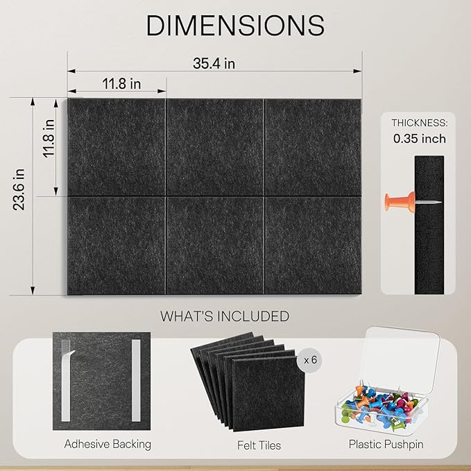 MaxGear Large Cork Board for Wall 36" x 24", Dark Gray Bulletin Board, 6 Pack Felt Wall Tiles with Pushpins, Cork Boards for Office Pin Board Tack Board Cork Boards