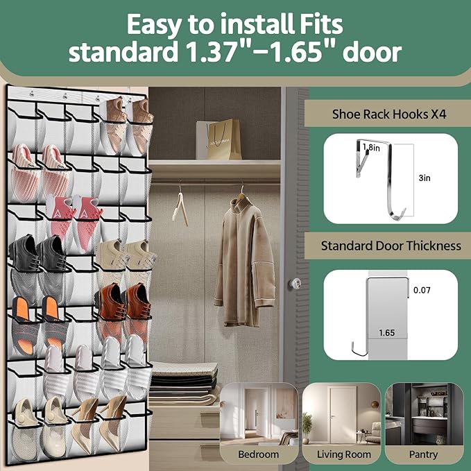PAULONE 35 Pocket Over the Door Shoe Organizer,Reusable Breathable Large Mesh Bag Men's & Women's Sneaker Organizer,Shoe Organizer for Kids,Hanging Shoe Storage Hanging Bag -White