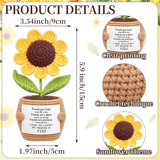 Wavwavw 1 Pcs Friends Gifts for Women, Galentines Graduation Handmade Sunflower Crochet Doll with Positive Card for Female Birthday BFF Bestie Gifts (My Friends)
