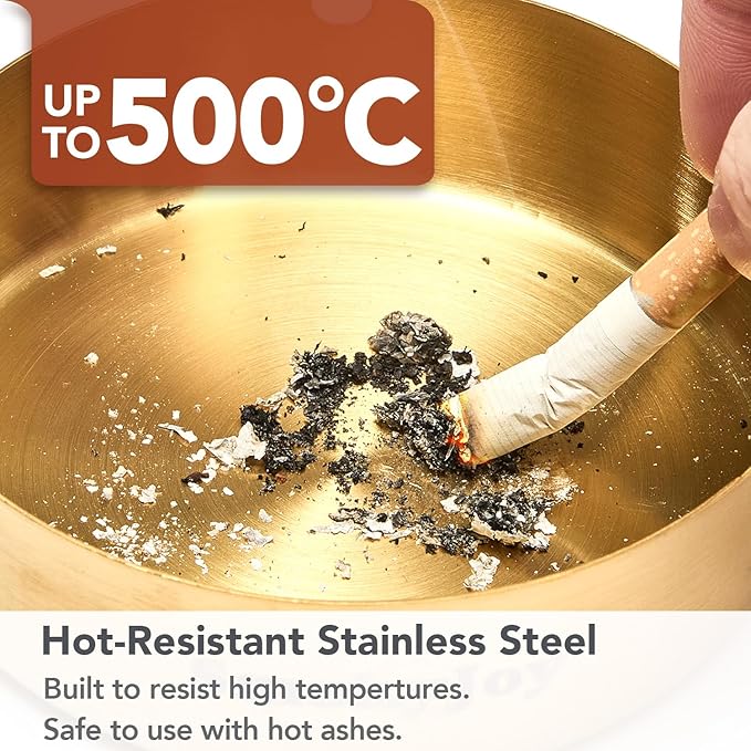 Ashtray with Lid for Outside Patio, 2 Pack Windproof Ash Tray, Gold Stainless Steel Smokeless Ashtray for Outdoor Home Office Tabletop Patio Outdoor Balcony, Large