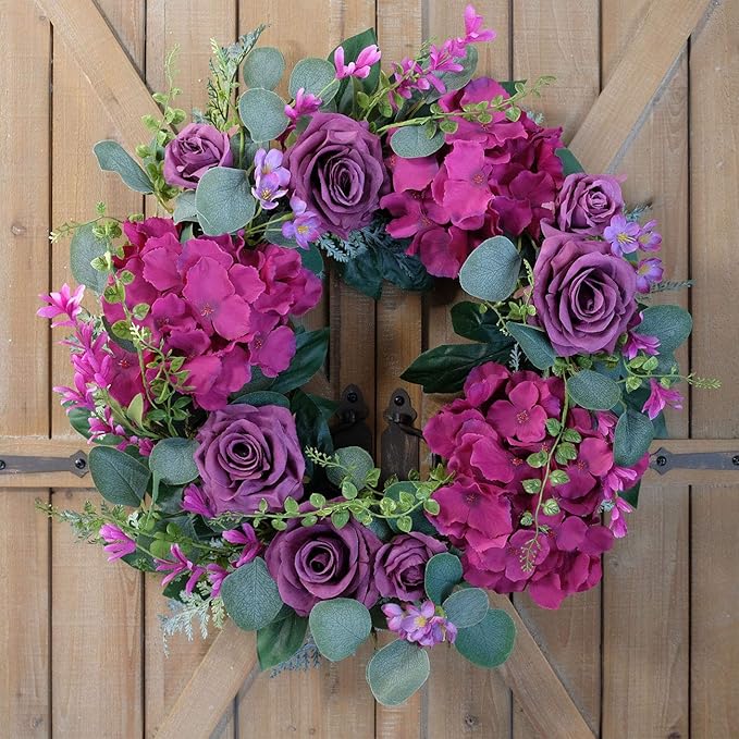 Artificial Purple Rose Wreaths 20 inches Front Door Wreath with Hydrangea Green Leaves Artificial Spring Wreaths Valentines Mother's Day Wreath for Wall Wedding Party Home Decor (Purple)