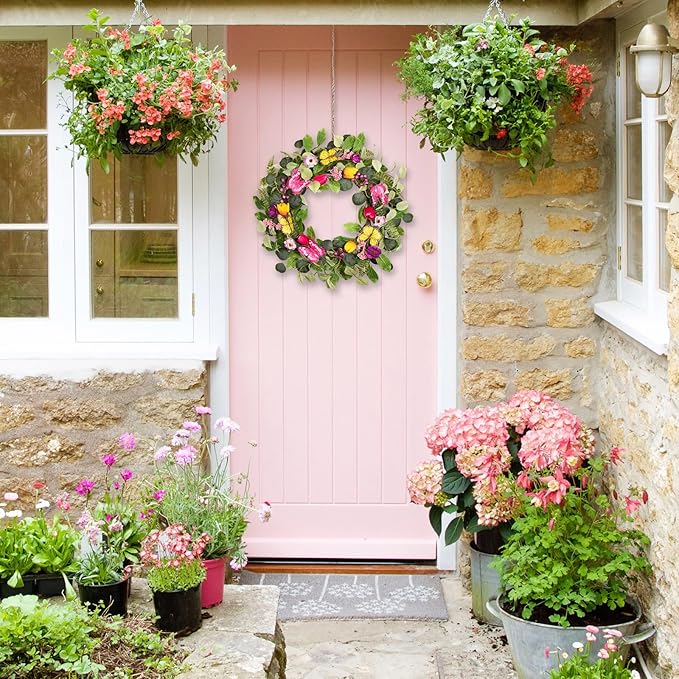 20 Inch Spring Floral Wreath with Butterflies & Berries - Artificial Tulip Eucalyptus Front Door Wreath for Year Round Home Decor, Spring, Summer, Mother's Day, Farmhouse Porch & Home Decor
