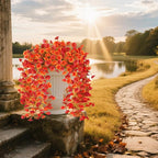 Fake Fall Hanging Flowers Artificial for Outdoor Decoration, 2 PCS Autumn Silk Faux Flowers Morning Glory with Eucalyptus Leaves, Realistic Hanging Plants for Wedding Home Office Garden Decor, Mix