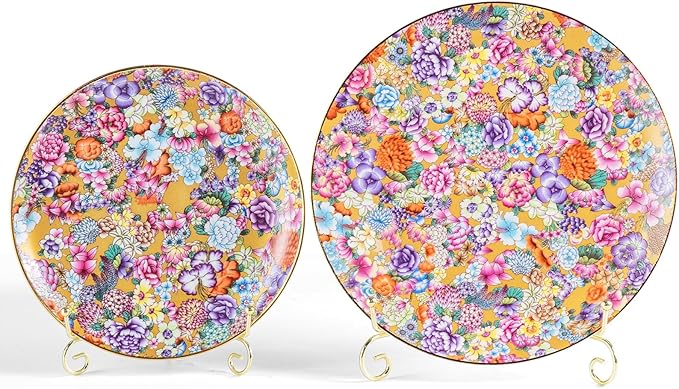 KAMMAK Decorative Plates Set for Display, Gold Ceramic Plate Decor with Stand，Handmade Vintage Flower Porcelain Ornament for Living Room, Kitchen, Office, Perfect Chinese Style Dish Gift (8in+10in)