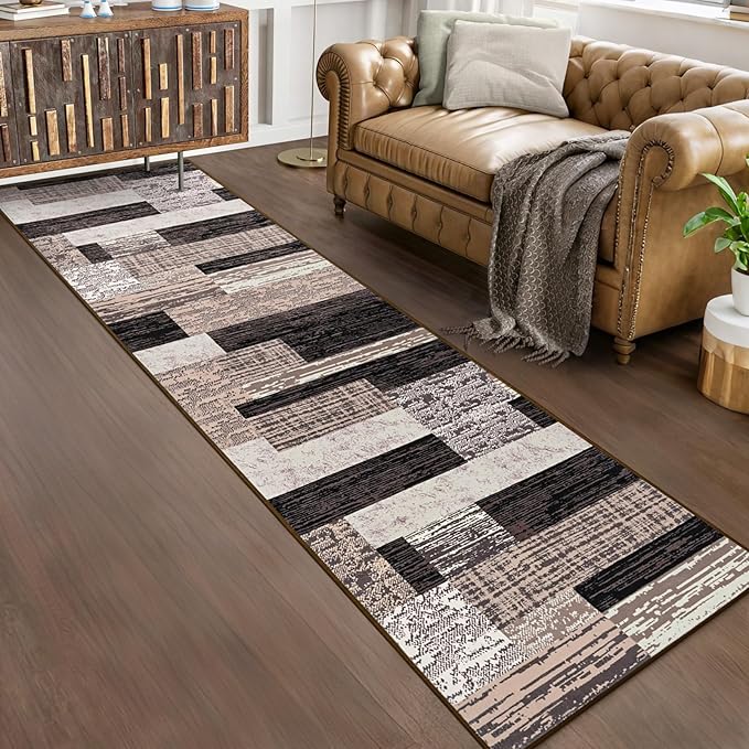 FlyDOIT Modern Geometric Patchwork Area Rug, 2.7x10 Chocolate Runner Rugs for Living Room, Rockwood Collection Indoor Rugs for Bedroom, Throw Carpet Floor Decor for Entryway Dining Room Office Nursery