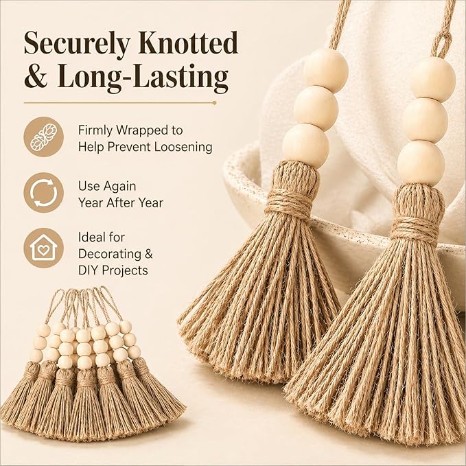 Jute Rope Tassel with 3 Wooden Beads - 20 Pcs Thick Handmade Jute Tassels for Garland Craft Decor Farmhouse Boho Home Door Hanging Decoration for Wedding Party Christmas DIY