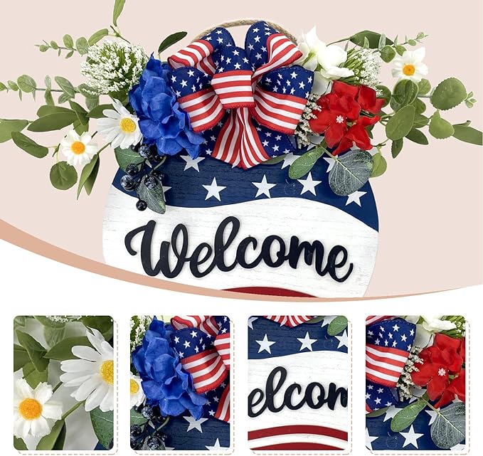 Idyllic Welcome Sign Wreath 4th of July Patriotic Sign for Front Door, 16" Red White and Blue Flower Wooden Sign Wreath for Memorial Day Independence Day Decoration