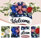 Idyllic Welcome Sign Wreath 4th of July Patriotic Sign for Front Door, 16" Red White and Blue Flower Wooden Sign Wreath for Memorial Day Independence Day Decoration