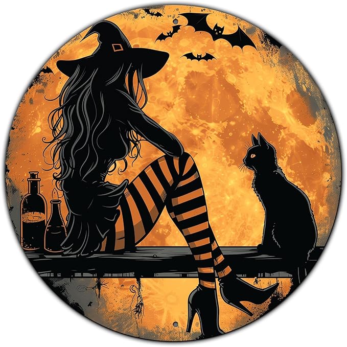 Vintage Witch and Black Cat Sign Metal Sign Retro Round Tin Sign Aluminum Sign for Farmhouse Yard Home Bar Bedroom Wall Decor 12 Inch