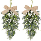 2 Pcs 24" Artificial White Flower Teardrop Wreaths Swag Spring Summer Berries Swags Wreath White Floral Hanging Wreaths for Kitchen Cabinet Doors Window Wall Wedding Party Home Decor