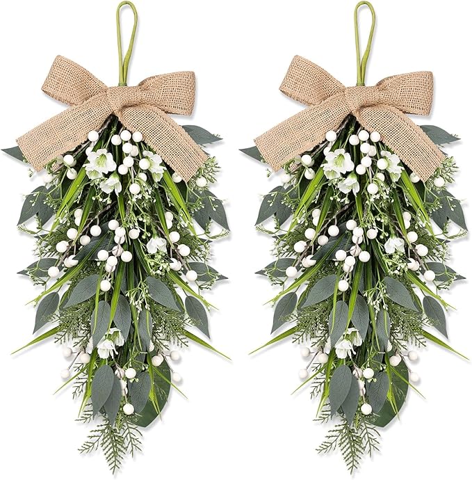 2 Pcs 24" Artificial White Flower Teardrop Wreaths Swag Spring Summer Berries Swags Wreath White Floral Hanging Wreaths for Kitchen Cabinet Doors Window Wall Wedding Party Home Decor