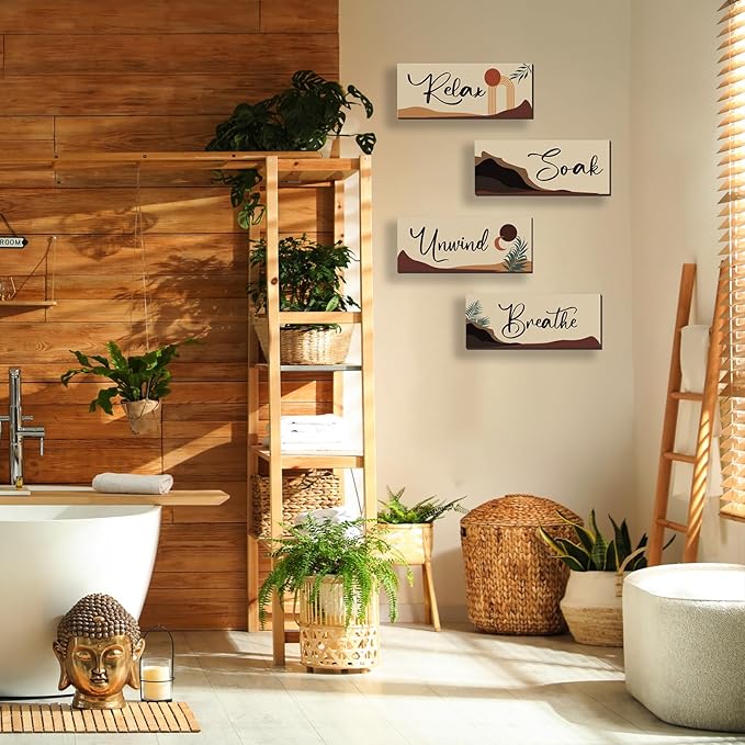 ONIZHITY 4 Pcs Boho Bathroom Decor with Relax Soak Unwind Breathe Relaxing Quotes Bohemian Wooden Hanging Wall Art Farmhouse Abstract Decoration for Bedroom Living Room Office (10X4 Inch)